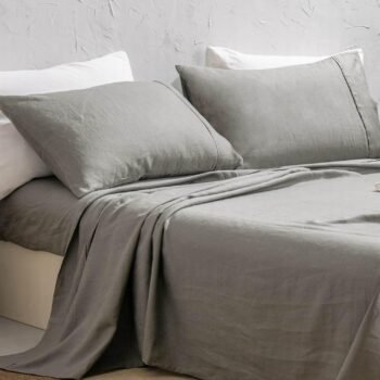 100% Washed French Linen Sheet Set-King Size-Charcoal Linen-4 Pieces (1 Flat Sheet, 1 Fitted Sheet & 2 Pillowcases), 16" Deep Pocket, Breathable,Ultra Soft and Durable
