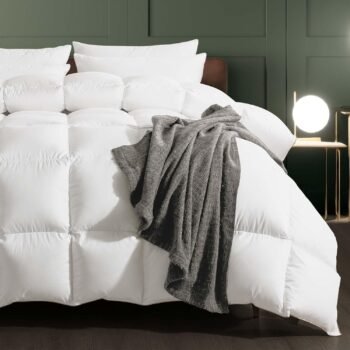 Feather Down Fiber Comforter Queen Size, 100% Cotton Duvet Insert for All Season, Hotel Collection, 8 Corner Loops, 90x90In, Gold Piping