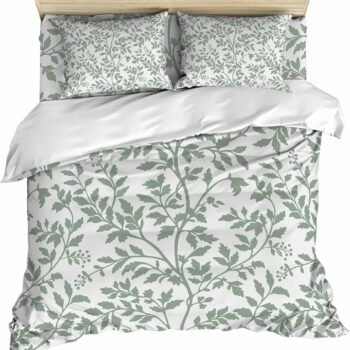 Green Botanical Comforter Cover , Vintage Leaf Pastoral Rustic 4 Piece Bedding Set with Zipper Closure All Season Duvet Cover for Child Girls Boys, Breathable, Soft