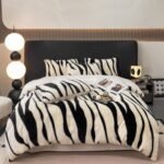 Plush Thickened Warm Zebra Print 4-Piece Bedding Set, Soft Cozy Comforter with Pillowcases for Full/Queen Size Bed (A-White,Queen)