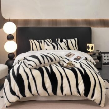 Plush Thickened Warm Zebra Print 4-Piece Bedding Set, Soft Cozy Comforter with Pillowcases for Full/Queen Size Bed (A-White,Queen)