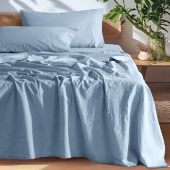 100% French Pure Linen Sheets, Breathable and Durable Line King Size Sheets, Anti-Tear Line Bed Sheets, Machine Washable, 16 Inch Deep Pocket - 4 Piece (Dusty Blue, King)