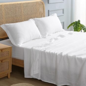 100% Organic Linen Sheet Set with Hollow Hemstitch,Premium French Stone Washed Flax 4 Pieces Bedding Set,Moisture Wicking Breathable Durable(White,King)