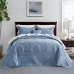 Oversized Bedspread Coverlet Set King Size - Lightweight Bedding Cover - Beautiful Stitching - 4 Piece Reversible Bedspread - Luxury Damask Paisley Pattern (King, Ashley Blue)