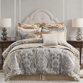 Chenille Jacquard Damask Comforter Set, California King, Blue/Grey 4 Piece