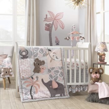4-Piece Crib Bedding Set - Pink, Gray, Gold, Animals, Jungle